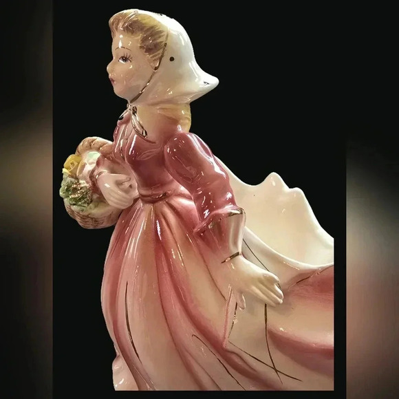 Vintage Lefton Lady in Flowing Pink Dress with Basket of Flowers Planter or Vase - Picture 10 of 11